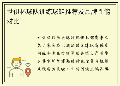 世俱杯球队训练球鞋推荐及品牌性能对比